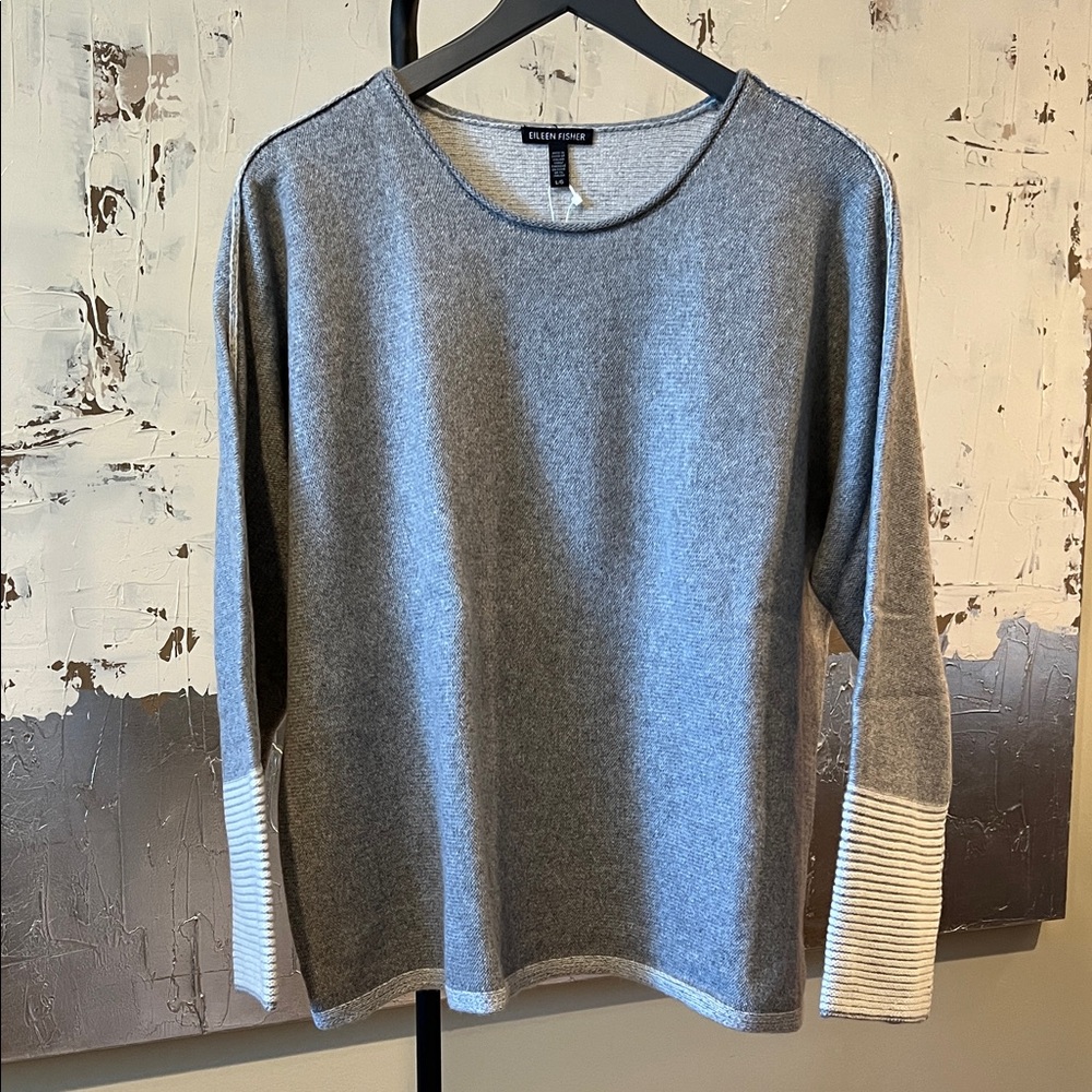 Eileen Fisher Moon Gray Cashmere Sweater with White Striped Cuffs